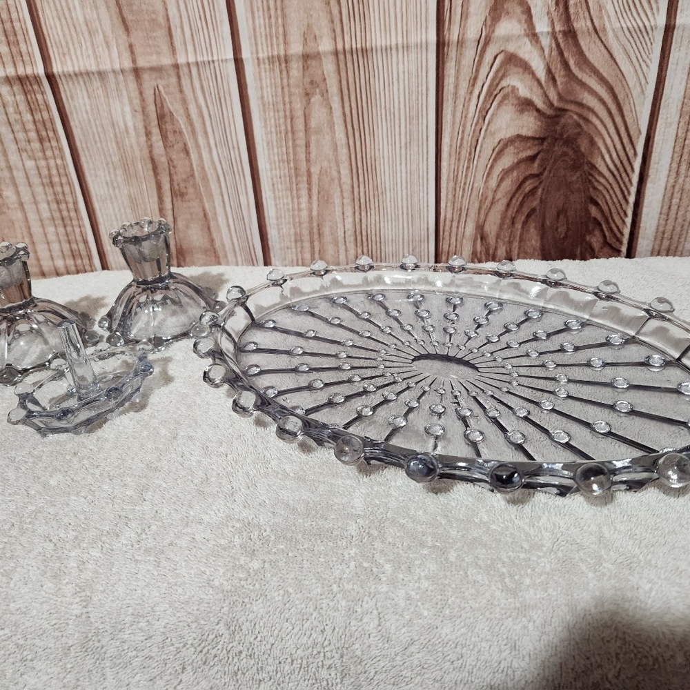 Vintage glass vanity tray, candle holders and ring holder